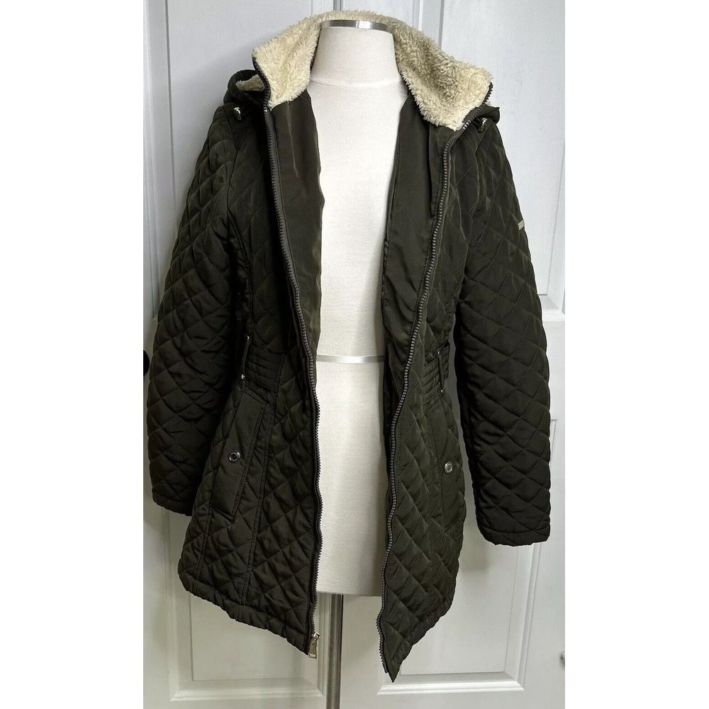 Laundry Shelli Segal Quilted Coat Women’s Medium Detachable Hood Green + Stain**